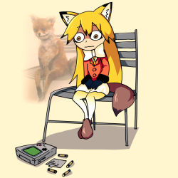 Rule 34 | 1girl, animal ears, battery, black gloves, bow, chair, empty eyes, ezo red fox, fox, game boy, game boy (original), gloves, handheld game console, humanization, jacket, kemono friends, long hair, pantyhose, parody, personification, photo inset, red fox (kemono friends), red jacket, reference inset, setz, shaded face, sitting, skirt, staring, tail, taxidermy, very long hair, wavy mouth, white bow, white skirt, wide-eyed, yellow eyes