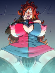 Rule 34 | 1girl, android 21, bare shoulders, black panties, black thighhighs, blue eyes, blush, breasts, cameltoe, checkered clothes, checkered dress, cleavage, cleavage cutout, clothing cutout, curly hair, dragon ball, dragon ball fighterz, dress, earrings, finger to mouth, from below, glasses, groin, heart cutout, hoop earrings, jewelry, large breasts, legs, long hair, looking down, multicolored clothes, multicolored dress, naughty face, nipples, open mouth, panties, partially visible vulva, red-framed eyewear, red hair, rickert kai, simple background, smile, solo, standing, thighhighs, thighs, tongue, underwear, zettai ryouiki