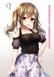 Rule 34 | 10s, 1girl, ?, bad id, bad pixiv id, bang dream!, bare shoulders, black shirt, blush, breasts, brown background, brown eyes, brown hair, collarbone, commentary request, floral print, gradient background, hair between eyes, hair ornament, hand on own hip, highres, ichigaya arisa, long hair, looking at viewer, medium breasts, parted lips, print skirt, ramchi, see-through, see-through sleeves, shirt, sidelocks, signature, skirt, solo, standing, sweat, translation request, twintails, white background, white skirt, x hair ornament