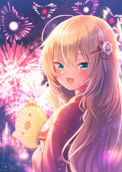 Rule 34 | 1girl, :d, aerial fireworks, akai haato, blue eyes, blush, commentary request, fang, fireworks, floral print, from behind, haaton (akai haato), hair between eyes, hair ornament, hand fan, heart, heart print, highres, hololive, japanese clothes, kimono, light particles, long hair, looking at viewer, looking back, magowasabi, open mouth, paper fan, print kimono, red kimono, signature, skin fang, sky, smile, solo, twitter username, uchiwa, upper body, virtual youtuber