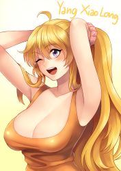 Rule 34 | 1girl, ;d, absurdres, adjusting hair, armpits, arms up, blonde hair, blush, breasts, cleavage, collarbone, highres, large breasts, long hair, one eye closed, open mouth, ponytail, purple eyes, rwby, simple background, smile, solo, upper body, white background, yang xiao long