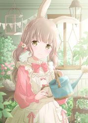 Rule 34 | 1girl, absurdres, animal ears, apron, birdcage, bow, bowtie, brown eyes, cage, ceiling light, flower, hair flower, hair ornament, hair ribbon, head tilt, highres, holding, holding watering can, hoshiibara mato, indoors, light brown hair, light smile, long sleeves, looking at viewer, low twintails, original, pink bow, pink bowtie, pink shirt, planter, rabbit ears, ribbon, shirt, solo, standing, streamers, twintails, upper body, vase, watering can, window