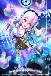 Rule 34 | 1girl, blush, boots, breasts, ek masato, electric guitar, guitar, headphones, highres, hood, hoodie, instrument, large breasts, long hair, looking at viewer, nitroplus, open mouth, pink eyes, pink hair, plectrum, pom pom (clothes), smile, solo, space, speaker, super sonico, thighhighs