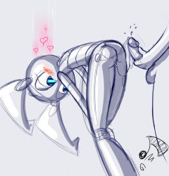 Rule 34 | 1boy, 1girl, aftersex, android, ass, bent over, blue eyes, blush, cum, cum in ass, ejaculation, heart, highres, jenny wakeman, joints, monochrome, my life as a teenage robot, penis, robot joints
