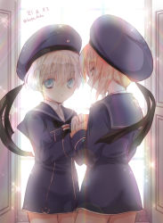 Rule 34 | 10s, 2girls, backlighting, bad id, bad pixiv id, blonde hair, blue eyes, brown eyes, character name, hat, highres, holding hands, kantai collection, koge donbo, long sleeves, looking at viewer, looking back, military, military uniform, multiple girls, neckerchief, red hair, sailor collar, sailor hat, short hair, sparkle, twitter username, uniform, window, z1 leberecht maass (kancolle), z3 max schultz (kancolle)