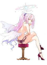 Rule 34 | 1girl, angel wings, ass, bar stool, blue archive, crossed legs, from behind, gradient hair, hair ornament, hair scrunchie, halo, head on hand, high heels, high ponytail, highres, kurokuro, lingerie, long bangs, long hair, looking at viewer, low wings, mika (blue archive), multicolored hair, no bra, pink hair, purple scrunchie, red footwear, scrunchie, sidelocks, simple background, sitting, solo, stool, topless, underwear, white background, wings, yellow eyes