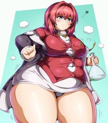 Rule 34 | 1girl, absurdres, ange katrina, ange katrina (1st costume), belly, black coat, black panties, blue eyes, blush, breasts, button gap, cardigan, clothing cutout, coat, commission, commissioner upload, dress, erlenmeyer flask, fat, flask, hair between eyes, hair intakes, highres, large breasts, mahrr (pixiv174324), nijisanji, non-web source, panties, plump, red cardigan, red hair, short hair, skeb commission, skindentation, solo, thick thighs, thigh cutout, thighs, triangle hair ornament, underwear, virtual youtuber, weight gain, white dress, wide hips