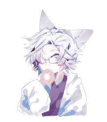 Rule 34 | 1boy, absurdres, animal ears, black shirt, blue eyes, cat boy, cat ears, chinese commentary, commentary request, doughnut, food, food in mouth, glasses, highres, kanou aogu, kemonomimi mode, lab coat, long sleeves, other focus, rectangular eyewear, saibou shinkyoku, semi-rimless eyewear, shirt, short hair, simple background, single blush sticker, sketch, sleeves past fingers, sleeves past wrists, solo, upper body, white background, white hair, yiquan (xinjinjumin0562607)