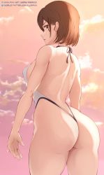 Rule 34 | 1girl, a-o a, ass, back, breasts, curvy, highres, huge ass, jujutsu kaisen, kugisaki nobara, large breasts, looking at viewer, looking back, one-piece swimsuit, short hair, sky, solo, standing, swimsuit, thick thighs, thighs