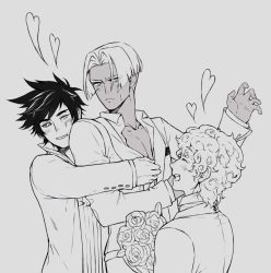 Rule 34 | 3boys, black sclera, blush, bouquet, closed eyes, collared shirt, colored sclera, contemporary, curly hair, dark-skinned male, dark skin, flower, greyscale, hades (series), hades 1, heart, hug, hug from behind, hypnos (hades), male focus, monochrome, multiple boys, open clothes, open mouth, open shirt, parted bangs, rose, shirt, smile, spiked hair, thanatos (hades), winter (winter168883), zagreus
