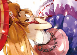 Rule 34 | 1girl, back, bare back, chain, fang, flower, hair flower, hair ornament, horns, ibuki suika, long hair, looking at viewer, looking back, nishiuri, oil-paper umbrella, open mouth, orange hair, petals, pointy ears, red eyes, skirt, smile, solo, touhou, umbrella