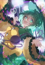Rule 34 | 1girl, :d, black headwear, chiroru (cheese-roll), floral print, frilled sleeves, frills, glitch, green eyes, green hair, green skirt, heart, heart of string, highres, holding, holding phone, komeiji koishi, long sleeves, looking at viewer, open mouth, phone, rose print, shirt, short hair, skirt, smile, solo, television, third eye, touhou, wide sleeves, yellow shirt