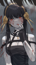 Rule 34 | 1girl, absurdres, bare shoulders, black gloves, black hair, blood, blood on arm, blood on wall, breasts, cleavage, crack, cracked glass, earrings, fingerless gloves, flower, furrowed brow, gloves, gold earrings, gold hairband, hair flower, hair ornament, hairband, hand up, highres, jewelry, kei8987, large breasts, licking, licking blood, licking finger, mirror, nail polish, pov, red eyes, red nails, reflection, rose, solo focus, spikes, spy x family, upper body, yor briar