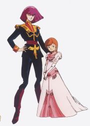 Rule 34 | 2girls, 80s, age difference, boots, dress, earrings, female focus, full body, gundam, gundam zz, haman karn, hand on another&#039;s shoulder, hand on own hip, happy, height difference, highres, jewelry, kitazume hiroyuki, looking at viewer, military, military uniform, mineva lao zabi, multiple girls, official art, oldschool, orange hair, pilot suit, pink dress, pink hair, retro artstyle, simple background, uniform, white background
