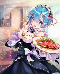 Rule 34 | 10s, 1girl, bare shoulders, blue eyes, blue hair, blush, breasts, cleavage, commentary request, detached collar, dress, eyes visible through hair, food, from side, hair ornament, hair over one eye, highres, holding, holding spoon, indoors, kitchen, large breasts, looking at viewer, maid, maid headdress, meat, medium breasts, open mouth, piyoyanagi, plate, re:zero kara hajimeru isekai seikatsu, rem (re:zero), ribbon-trimmed clothes, ribbon trim, sauce, short hair, smile, solo, sparkle, spoon, sunlight, wide sleeves, window, x hair ornament