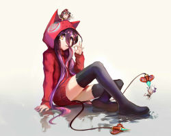 Rule 34 | 1girl, absurdres, animal hood, arm support, black footwear, boots, cat hood, dress, full body, gradient background, grey background, hair between eyes, highres, hood, hooded, long hair, no game no life, purple hair, red sweater, shuvi (no game no life), shuvi dora, sishenfan, sitting, solo, sweater, sweater dress, thigh boots, thighhighs, very long hair, yellow eyes