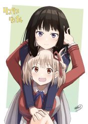 Rule 34 | 2girls, :d, black hair, blonde hair, blue ribbon, chin rest, commentary request, grey skirt, hair ribbon, head on head, head rest, highres, inoue takina, kimurayou103, long hair, looking at viewer, lycoris recoil, multiple girls, neck ribbon, nishikigi chisato, open mouth, pleated skirt, purple eyes, red eyes, red ribbon, ribbon, short hair, skirt, smile
