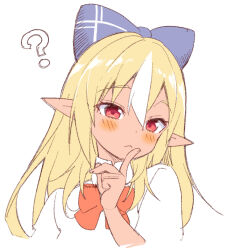 Rule 34 | 1girl, :&lt;, ?, blonde hair, blush, bow, bowtie, commentary, cropped shoulders, finger to mouth, hair between eyes, hair bow, highres, hololive, ishida aya, long hair, mixed-language commentary, multicolored hair, pointy ears, red bow, red bowtie, red eyes, shiranui flare, shirt, simple background, sketch, solo, streaked hair, twitter username, virtual youtuber, white background, white hair, white shirt