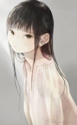 Rule 34 | 1girl, black eyes, black hair, blunt bangs, breasts, gradient background, grey background, highres, junito715, long hair, looking at viewer, original, shirt, simple background, small breasts, solo, upper body, white shirt