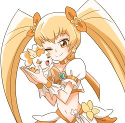 Rule 34 | 10s, 1girl, asuka (ganboriyo), blonde hair, bow, brooch, choker, cure sunshine, hair ribbon, heart, heart brooch, heartcatch precure!, jewelry, long hair, magical girl, midriff, myoudouin itsuki, navel, one eye closed, orange bow, potpourri (heartcatch precure!), precure, ribbon, simple background, smile, twintails, white background, wrist cuffs, yellow bow, yellow eyes