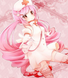 Rule 34 | 1girl, cross, dress, drill hair, hair ornament, hairclip, hat, heart, heart-shaped pupils, kofa (ikyurima), long hair, nurse, nurse cap, original, outstretched arms, outstretched hand, pink eyes, pink hair, pink thighhighs, red cross, solo, stuffed animal, stuffed rabbit, stuffed toy, symbol-shaped pupils, thighhighs, twin drills, twintails, very long hair, zettai ryouiki