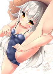 Rule 34 | 1girl, absurdres, azur lane, bare arms, bare legs, blue one-piece swimsuit, breasts, cameltoe, cleft of venus, closed mouth, collarbone, covered navel, dated, dutch angle, flexible, from above, grey hair, hat, highres, inori (xyz5568), long hair, looking at viewer, mole, mole under eye, one-piece swimsuit, sidelocks, signature, small breasts, solo, split, standing, standing on one leg, standing split, straw hat, swimsuit, yellow eyes, z46 (azur lane), z46 (her first summer) (azur lane)