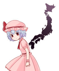 Rule 34 | 1girl, ascot, batta (ijigen debris), blue hair, blush, commentary request, dress, from side, hat, highres, japan, leaning forward, looking at viewer, mob cap, pink dress, pink hat, puffy short sleeves, puffy sleeves, red ascot, red eyes, remilia scarlet, short hair, short sleeves, solo, touhou, wrist cuffs