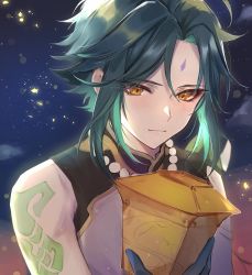 Rule 34 | 1boy, arm tattoo, bead necklace, beads, black gloves, closed mouth, facial mark, forehead mark, genshin impact, gloves, green hair, gumilkx, highres, holding, holding lantern, jewelry, lantern, male focus, necklace, night, outdoors, sky, sleeveless, solo, tattoo, upper body, xiao (genshin impact), yellow eyes