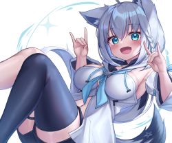 Rule 34 | 1girl, :d, absurdres, animal ears, bad id, bad twitter id, black thighhighs, deaver, fox ears, fox girl, fox shadow puppet, highres, hololive, open mouth, shirakami fubuki, shirakami fubuki (1st costume), simple background, smile, solo, thighhighs, virtual youtuber, white background