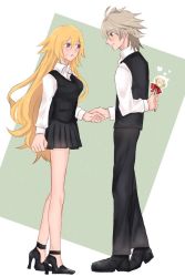 Rule 34 | 1boy, 1girl, ahoge, arm behind back, bad id, bad twitter id, black footwear, black pants, black skirt, blonde hair, blush, breasts, couple, fate/apocrypha, fate (series), flower, from side, heart, hetero, high heels, holding, holding flower, holding hands, humi222272, jeanne d&#039;arc (fate), jeanne d&#039;arc (ruler) (fate), long hair, long sleeves, looking at another, medium breasts, miniskirt, open mouth, pants, purple eyes, red eyes, red ribbon, ribbon, shirt, shoes, short hair, sieg (fate), simple background, skirt, standing, sweatdrop, very long hair, waistcoat, white shirt