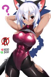 Rule 34 | 1girl, animal ears, armpits, arms behind head, blush, braid, breasts, cat ears, character request, covered navel, dark-skinned female, dark skin, highres, large breasts, leotard, long hair, red eyes, smile, solo, strip game, toned, tongue, tongue out, torn clothes, white hair