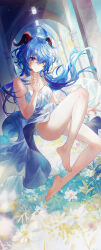 Rule 34 | 1girl, absurdres, ahoge, arch, bare arms, bare legs, barefoot, blue eyes, blue hair, breasts, ceiling light, closed mouth, commentary, crossed bangs, day, dress, feet, fingernails, floating hair, flower, ganyu (genshin impact), genshin impact, goat horns, grass, hair between eyes, hand up, highres, horns, legs, light rays, long hair, looking at viewer, medium breasts, midair, pillar, pink flower, sleeveless, sleeveless dress, smile, soles, solo, sunbeam, sunlight, swkl:d, symbol-only commentary, thighs, toenails, toes, very long hair, white dress, white flower
