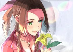 Rule 34 | 1girl, aerith gainsborough, bow, braid, brown hair, chil0107, cropped jacket, final fantasy, final fantasy vii, flower, green eyes, hair ribbon, highres, jacket, long hair, open mouth, pink bow, ponytail, ribbon, smile, solo