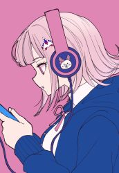 Rule 34 | 1girl, blue jacket, buttons, character print, commentary, danganronpa (series), danganronpa 2: goodbye despair, from side, galaga, hair ornament, headphones, highres, jacket, long sleeves, nanami chiaki, open clothes, open jacket, pink background, pink eyes, pink hair, playing games, profile, satori (aosky9077), short hair, simple background, solo, symbol-only commentary, usami (danganronpa)