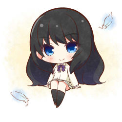 Rule 34 | 1girl, arm support, black hair, black socks, blue eyes, blush, bow, brown footwear, brown jacket, brown skirt, chibi, closed mouth, collared shirt, commentary request, copyright request, jacket, long hair, long sleeves, looking at viewer, momoniku (taretare-13), pleated skirt, purple bow, school uniform, shirt, skirt, smile, socks, solo, very long hair, white shirt