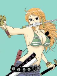 Rule 34 | 1girl, alternate universe, artist request, bare shoulders, belt, bikini, brown eyes, denim, eyelashes, happy, highres, holding, holding sword, holding weapon, jeans, katana, long hair, nami (one piece), navel, one piece, orange hair, pants, simple background, smile, solo, source request, standing, swimsuit, sword, wavy hair, weapon