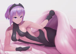 Rule 34 | 1girl, bed sheet, black gloves, breasts, commentary request, dark-skinned female, dark skin, fate/grand order, fate (series), fingerless gloves, gloves, hairband, hassan of serenity (fate), highres, lifting covers, looking at viewer, lying, medium breasts, on bed, on side, purple eyes, purple hair, sheet grab, short hair, smile, solo, under covers, yoki (yo kyo)