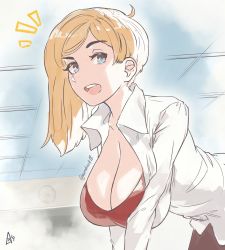 Rule 34 | 1girl, absurdres, ahoge, aurahack, blonde hair, blue eyes, breasts, cleavage, collared shirt, commentary, dress shirt, english commentary, hanging breasts, highres, indoors, large breasts, leaning forward, long hair, long sleeves, looking at viewer, mature female, open mouth, original, red shirt, shirt, solo, swept bangs, teacher, teeth, upper teeth only, white shirt, window