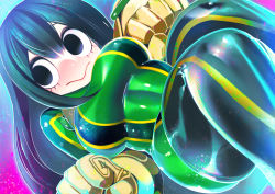 Rule 34 | 1girl, asui tsuyu, black eyes, black hair, blue background, bodysuit, boku no hero academia, boots, breasts, closed mouth, gloves, hakkasame, looking to the side, matching hair/eyes, medium breasts, pink background, sidelocks, solo, thigh boots, thighhighs, two-tone background