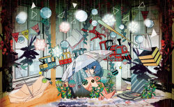 Rule 34 | 1girl, barefoot, baseball bat, blue hair, blue shirt, blue skirt, book, commentary, crack, cracked floor, cracked wall, dodecahedron, floating, floating object, from side, hatsune miku, hugging own legs, indoors, long hair, looking at viewer, magatan, orb, pennant, plant, rain, sentai, shirt, sitting, skirt, small stellated dodecahedron, solo, star (symbol), tile floor, tiles, toy train, transparent, transparent umbrella, triangle, twintails, umbrella, vocaloid, window