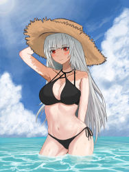 Rule 34 | 1girl, absurdres, arm behind back, bikini, black bikini, blue sky, blunt bangs, breasts, brown hat, cleavage cutout, closed mouth, clothing cutout, cloud, cloudy sky, commentary, cowboy shot, day, halterneck, hand on headwear, hat, highres, horizon, kabochima, large breasts, looking at viewer, navel, ocean, original, outdoors, red eyes, side-tie bikini bottom, silver hair, sky, smile, solo, standing, straw hat, sun hat, swimsuit, wading, water, wet