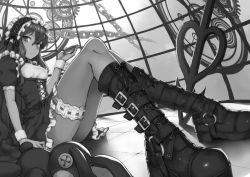 Rule 34 | 1girl, arm at side, bad id, bad pixiv id, boots, breasts, bridal garter, chain, closed mouth, corset, cross-laced footwear, dress, frilled dress, frills, from side, gears, greyscale, hair between eyes, hairband, hand up, holding, indoors, knee boots, knees up, lace-up boots, lolita fashion, lolita hairband, long hair, looking at viewer, medium breasts, monochrome, original, pocket watch, puffy short sleeves, puffy sleeves, ryuinu, short sleeves, sitting, solo, stuffed animal, stuffed rabbit, stuffed toy, tile floor, tiles, very long hair, watch, wrist cuffs