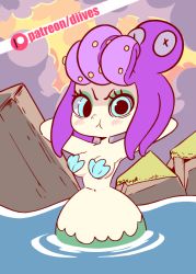 Rule 34 | 1girl, animated, animated gif, armpits, arms behind head, arms up, bad id, bad tumblr id, blue eyes, blush, breasts, cala maria (cuphead), cleavage, cloud, cuphead (game), diives, female focus, looking at viewer, medium breasts, mermaid, monster girl, navel, ocean, partially submerged, purple hair, shell, shell bikini, short hair, sky, solo, stomach, tentacle hair, tentacles, water, x x