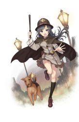 Rule 34 | 1girl, belt pouch, black hair, black socks, brown cape, brown footwear, brown hat, brown skirt, cape, dog, full body, hat, highres, house, kneehighs, lamppost, long hair, night, official art, open mouth, outdoors, pocket watch, pouch, princess principal, princess principal game of mission, purple eyes, shoes, skirt, socks, sophie mackenzie, standing, standing on one leg, transparent background, watch, weapon