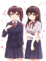 Rule 34 | 10s, 2girls, akagi (kancolle), alternate costume, asymmetrical hair, bag, breasts, brown eyes, brown hair, cherry blossoms, dress shirt, hand on own chest, kaga (kancolle), kantai collection, komachi narota, looking at viewer, multiple girls, open mouth, petals, plaid, plaid skirt, pleated skirt, ribbon, school bag, school uniform, shirt, side ponytail, simple background, skirt, smile, white background