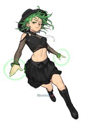 Rule 34 | 1girl, absurdres, atoroux, black footwear, black headwear, black skirt, boots, breasts, casual, choker, clothing cutout, commentary, cross-laced footwear, earrings, english commentary, fishnet sleeves, fishnet top, fishnets, flying, full body, glowing hands, goth fashion, green eyes, green hair, heart, heart choker, heart necklace, highres, hoop earrings, jewelry, knee boots, lace-up boots, lace-up top, linea alba, looking at viewer, midriff, navel, necklace, one-punch man, short hair, shoulder cutout, skirt, small breasts, smile, solo, tatsumaki, white background
