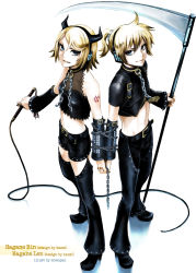 Rule 34 | 1boy, 1girl, arm warmers, bdsm, blonde hair, blue eyes, bondage, bound, bound together, brother and sister, chain, collar, from above, hagane len, hagane rin, horns, kagamine len, kagamine rin, leather, looking at viewer, midriff, momopanda, navel, scythe, short hair, siblings, smile, vocaloid, whip