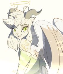 Rule 34 | asriel dreemurr, fangs, freckles, furry, green eyes, halo, highres, horns, looking at viewer, shirt, smile, striped clothes, striped shirt, tattoo, undertale, wings