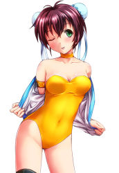 Rule 34 | 1girl, bare legs, bare shoulders, blush, breasts, brown hair, bun cover, choker, cleavage, covered navel, crotch, digdug006, double bun, green eyes, hair bun, hair ornament, kanamori reiko, looking at viewer, one-piece swimsuit, one eye closed, shiny skin, skin tight, small breasts, solo, swimsuit, thighs, tongue, tongue out, white background, wink, wrestle angels, wrestle angels survivor, yellow one-piece swimsuit
