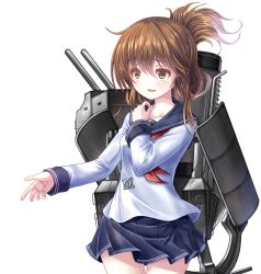 Rule 34 | 10s, 1girl, anchor, blouse, blue shirt, blue skirt, breasts, brown eyes, brown hair, cannon, collarbone, commentary request, cowboy shot, folded ponytail, hair between eyes, inazuma (kancolle), kantai collection, long hair, long sleeves, neckerchief, open mouth, outstretched arm, pleated skirt, red neckerchief, rigging, sailor collar, school uniform, serafuku, shirt, sidelocks, simple background, skirt, small breasts, solo, standing, white background, yatsu seisakusho